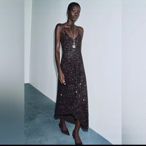 Zara LIMITED EDITION SEQUIN long midi MAXI brown dress sz.XS